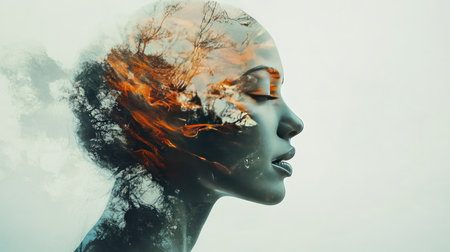Double exposure art with abstract shapes blending into a human face, creating a surreal effectの素材