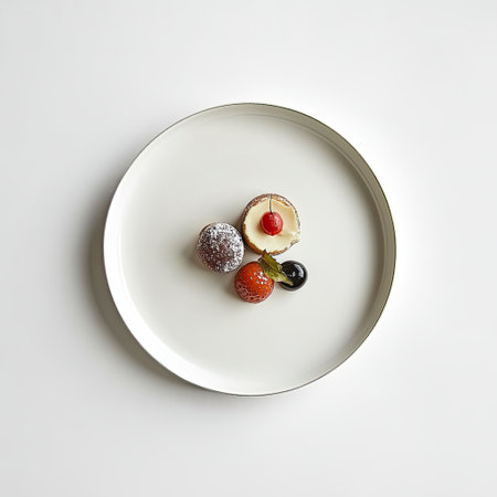 Small plate with a dessert, beautifully arranged on a clean white backgroundの素材