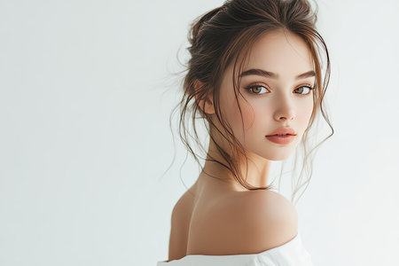 Copy space with a model posing in the background, ready for fashion or beauty text overlaysの素材