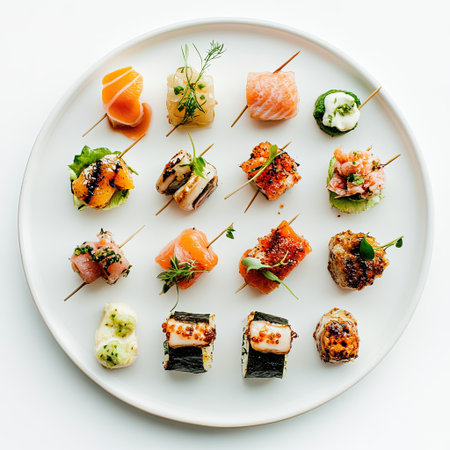 Small plate with appetizers, neatly arranged on a clean white backdropの素材