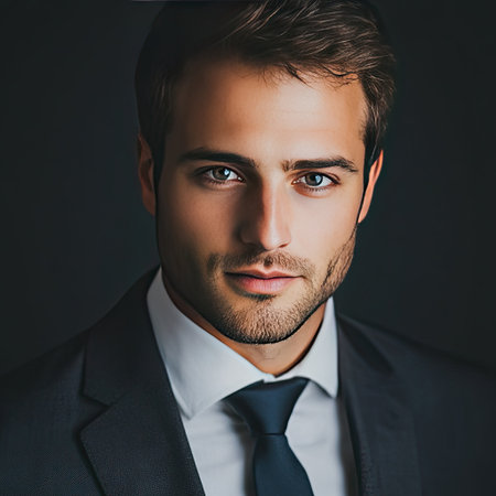 Close-up portrait of a businessman in a suit, looking confident and professionalの素材
