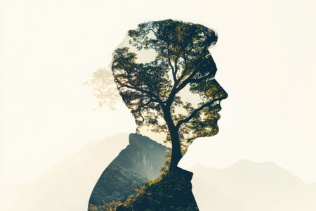 Double exposure of a man and nature, trees and mountains flowing into his silhouetteの素材