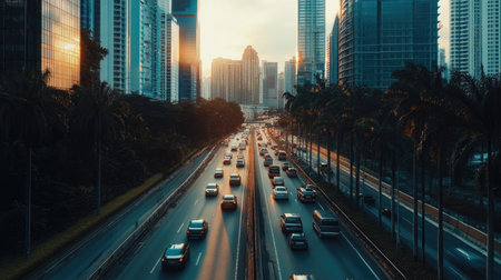 City highway with tall skyscrapers lining the road, busy urban trafficの素材
