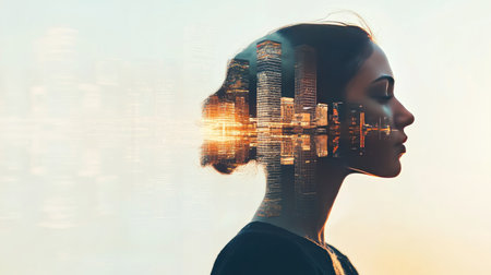 Double exposure of a person and a skyline, urban architecture blending into the figure's profileの素材