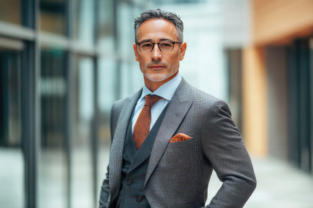 Businessman wearing a well-tailored suit, standing confidently in a corporate settingの素材