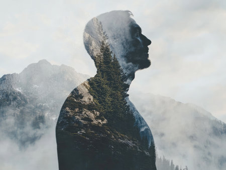 Double exposure of a man and mountains, nature merging into his outline, representing strengthの素材