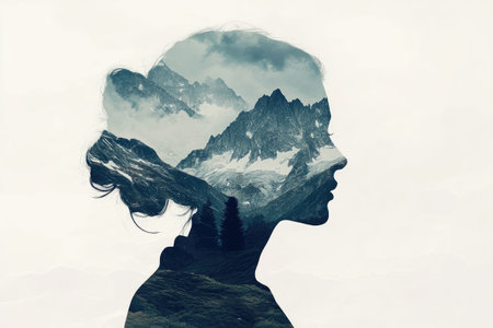 Double exposure with mountains and a person, rugged peaks blending into the figure shapeの素材