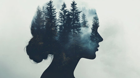 Double exposure with nature, a silhouette filled with trees and a peaceful skyの素材