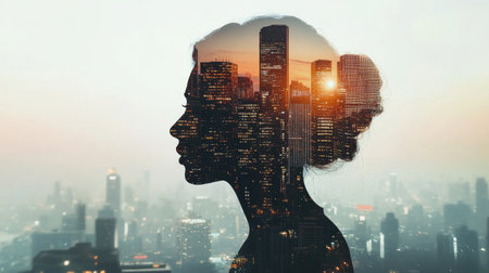 Double exposure of a person and a skyline, urban architecture blending into the figure's profileの素材