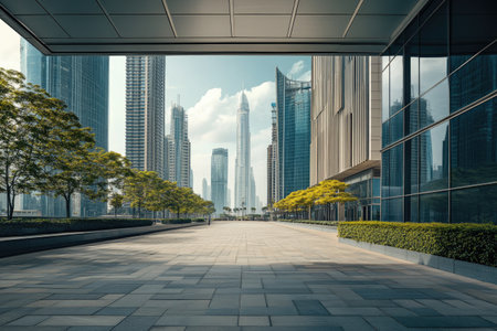 Copy space in a modern urban setting, with skyscrapers and city streets as a backdropの素材