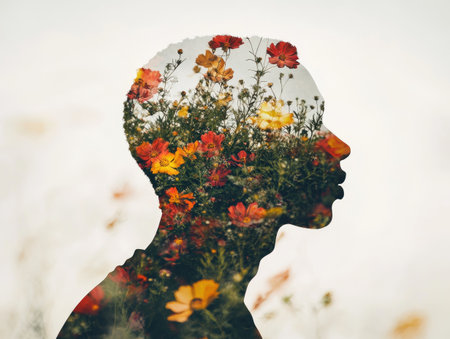 Double exposure with a silhouette of a man and a field of flowers merging into his shapeの素材
