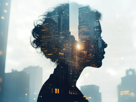 Double exposure cityscape with a silhouette of a person, skyscrapers blending into the figureの素材