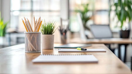 Copy space on a clutter-free desk with modern office supplies in the backgroundの素材