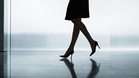 Copy space with a model walking in the background, creating room for fashion or lifestyle textの素材