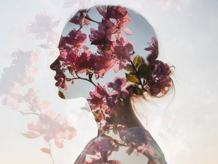 Double exposure of a woman and flowers, petals blending into her silhouette, soft and dreamyの素材