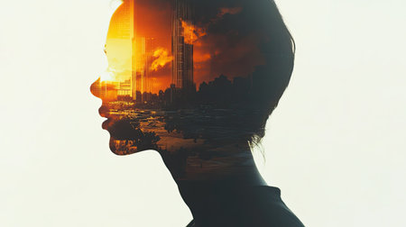 Double exposure abstract, geometric shapes blending into the silhouette of a personの素材