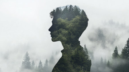 Double exposure with a forest and a person, trees and mist blending into the figure, creating depthの素材