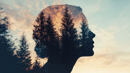 Double exposure with nature, a silhouette filled with trees and a peaceful skyの素材