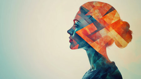 Creative double exposure with geometric patterns and a human figure, abstract and boldの素材