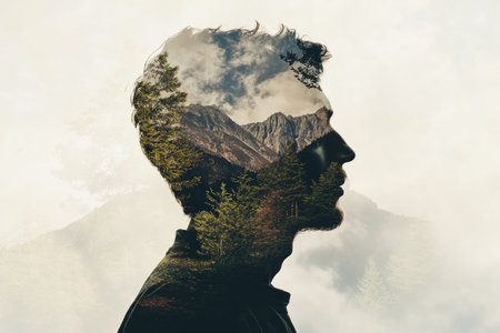 Double exposure of a man and nature, trees and mountains flowing into his silhouetteの素材