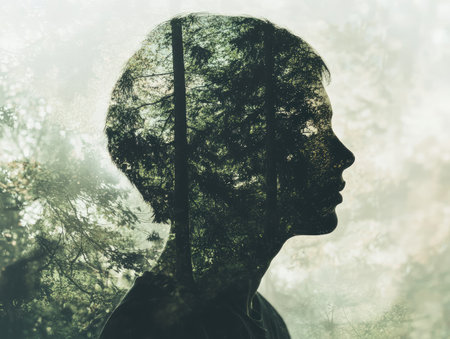 Double exposure of a person and the forest, trees blending into the figure, creating a natural harmonyの素材