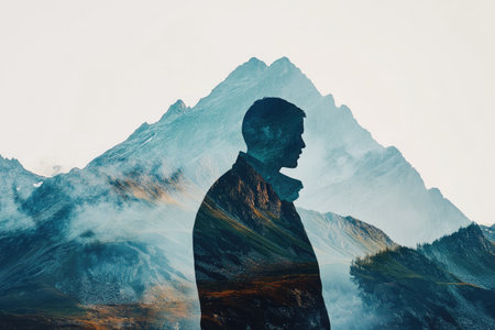 Double exposure with mountains and a person, rugged peaks blending into the figure shapeの素材