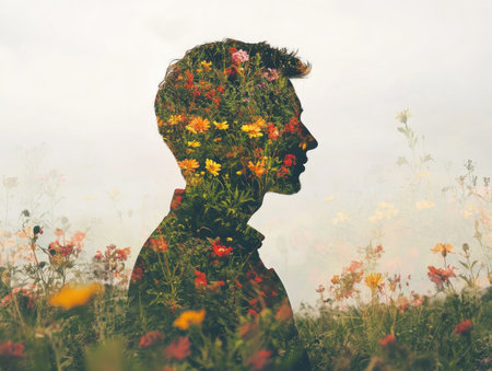 Double exposure with a silhouette of a man and a field of flowers merging into his shapeの素材