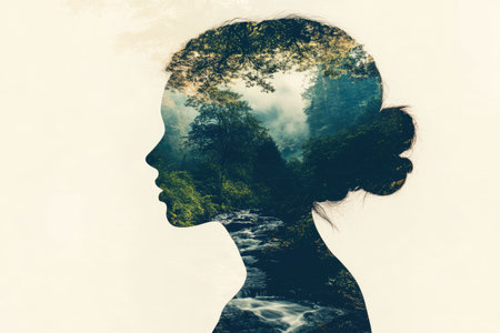 Double exposure with nature, a silhouette filled with the sky, trees, and flowing waterの素材