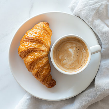 top view of a coffee cup and croissant on a white table, perfect for a quick breakfastの素材