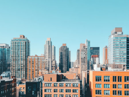cityscape of a downtown area with no people, showcasing modern high-rise buildings under a clear blue skyの素材