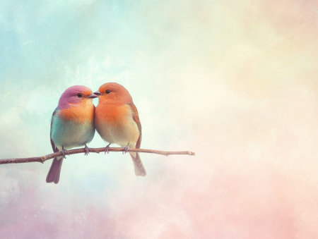 True love symbolized by two birds sitting close on a branch, with soft pastel skies behind them, representing unity and affectionの素材