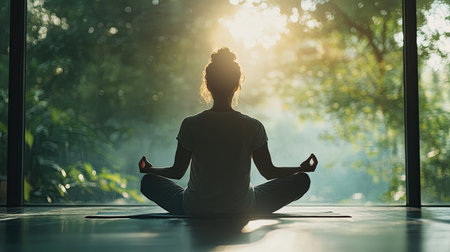 Balanced lifestyle with a person practicing mindfulness and yoga, peaceful and serene environmentの素材