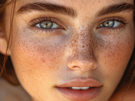 Close-up of a woman face with freckles, natural beauty shining through, soft smile and glowing skinの素材