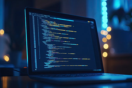 Computer software interface with code running, clean lines, modern programming language, and sleek designの素材