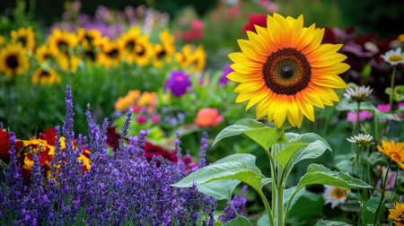 Summer flowers in full bloom, with sunflowers, daisies, and lavender creating a bright and cheerful garden sceneの素材