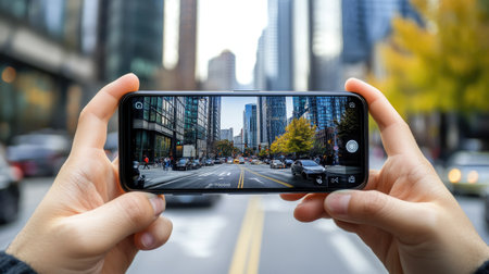 Mobile phone camera in action, capturing high-quality photos with bright colors and sharp focusの素材