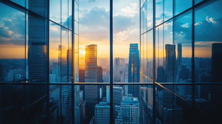 Reflections on a glass window in a high-rise building, capturing the cityscape belowの素材