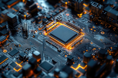 Computer processor close-up, showing the intricate details and metallic texture of the hardwareの素材