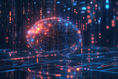 Artificial intelligence brain with a digital network, glowing circuits, and machine learning visualizationsの素材