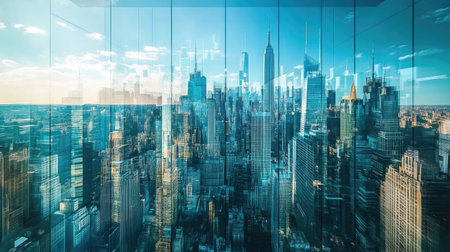 Glass reflection of a city skyline, the clear glass distorting the buildings in an artistic wayの素材
