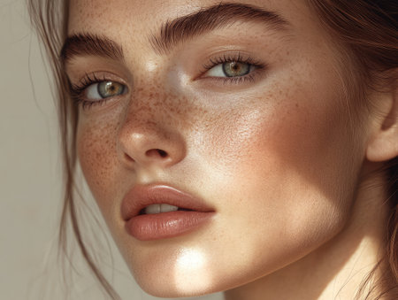 Woman face with soft, natural makeup, fresh and radiant glow, minimalistic beautyの素材