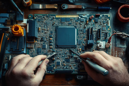 Computer repair process with tools next to an open CPU, hands working on fixing internal componentsの素材
