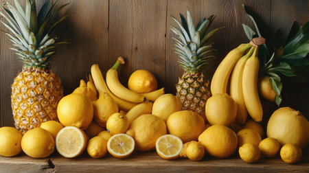 A collection of yellow fruits like bananas, lemons, and pineapples, arranged artfully on a wooden tableの素材