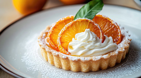 A delectable orange tart topped with whipped cream and caramelized orange slices, served on an elegant dessert plateの素材