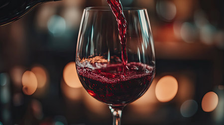 A glass of rich red wine being poured into a wine glass, with the deep burgundy liquid swirling elegantlyの素材