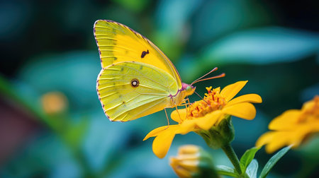 A yellow butterfly perched on a flower, its wings fluttering gently as it enjoys the nectarの素材
