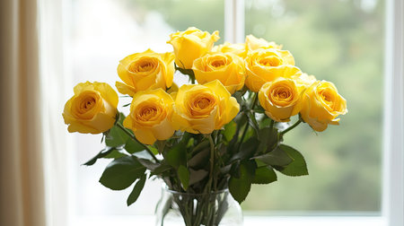 A bouquet of yellow roses arranged in a glass vase, adding elegance and warmth to any roomの素材