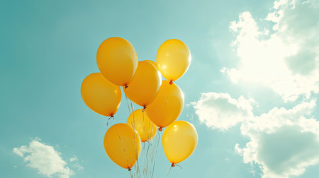 A cluster of yellow balloons floating in the sky, creating a joyful and celebratory atmosphereの素材