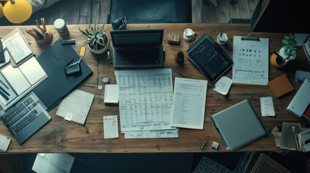 A media planner desk filled with calendars, digital devices, and campaign schedules, meticulously planning cross-platform ad strategiesの素材