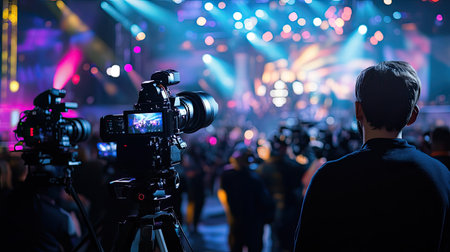 A mass media company orchestrating a major event, with professionals managing broadcast, print, and digital channels seamlesslyの素材